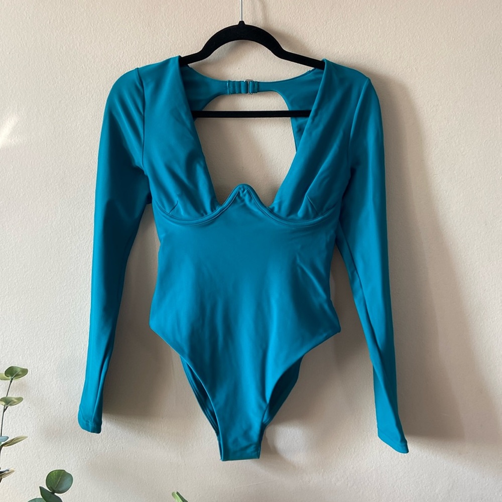 New Andrea Iyamah One Piece Swimsuit M Teal Cutout Deep V Long Sleeve Resort